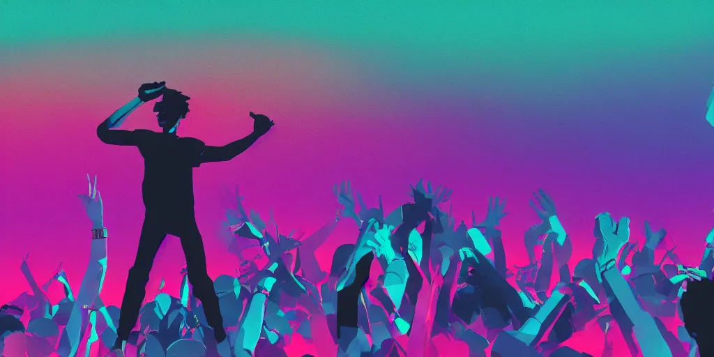 Image similar to rapping into microphone, silhouette, huge crowd, outrun, vaporwave, hip hop, simple shapes, trending on Artstation, professional artist, detailed, 4k