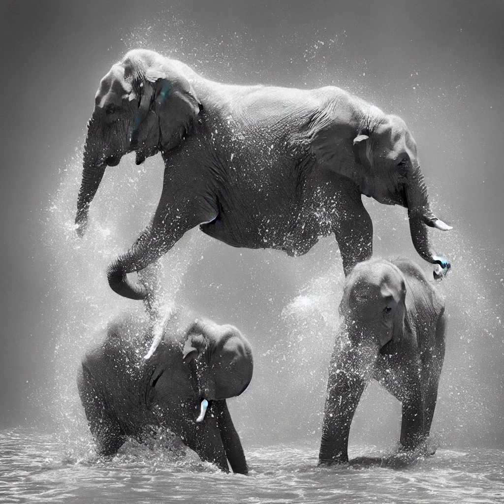 Image similar to “a black and white photo of an elephant splashing water by Maties Palau Ferré, featured on flickr, arabesque, national geographic photo, ilford hp5, majestic”