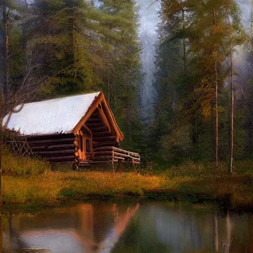 Image similar to a cabin in the woods by james gurney