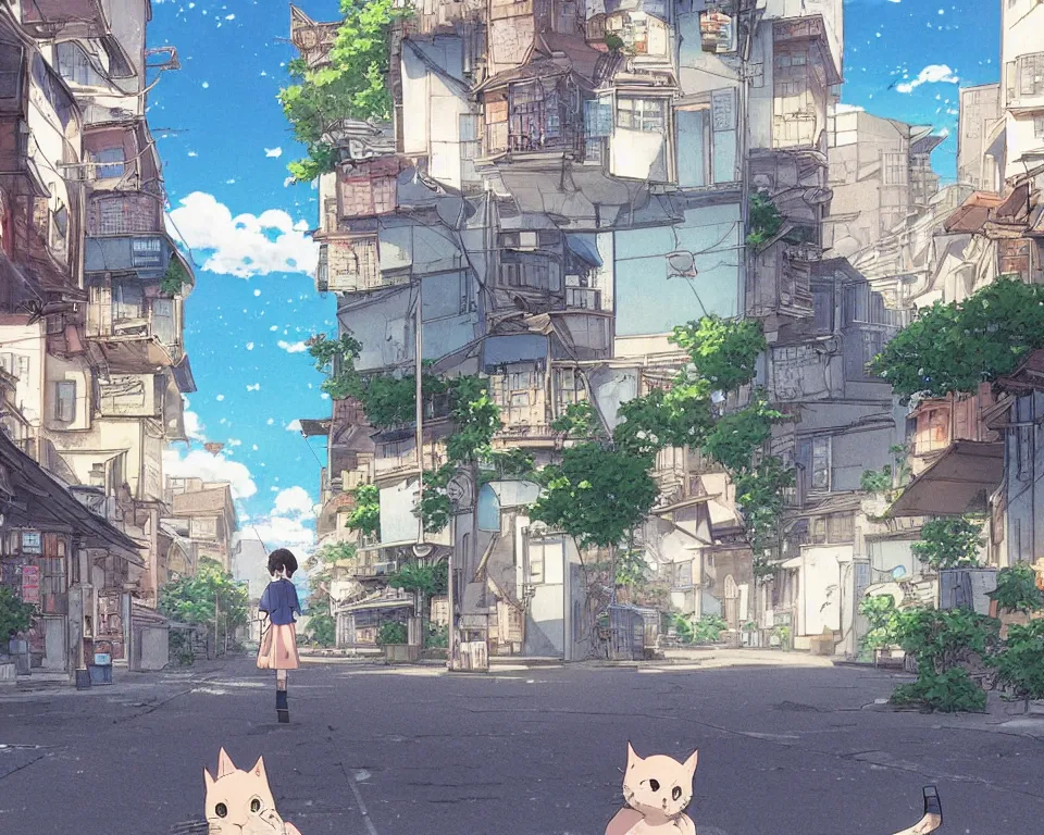 Prompt: beautiful illustration from behind a cat walking down the street in a city on a fine summers day, anime manga style, aesthetic, scene from the movie'your name ', makoto shinkai