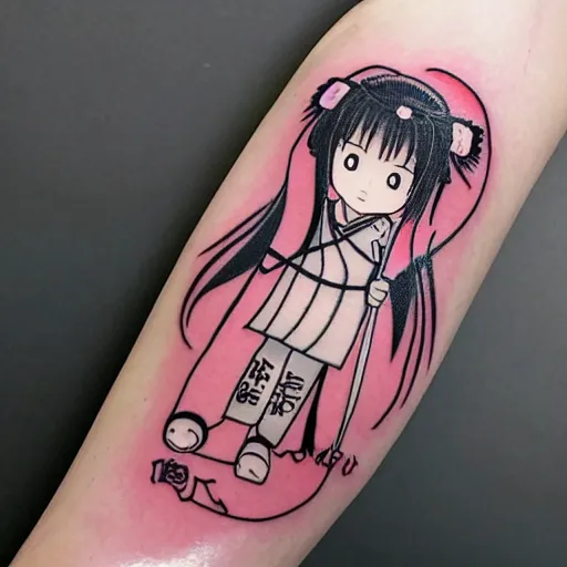 Prompt: japanese female samurai anime ninja schoolgirl, chibi, japanese anime girl Sakura flowers by Hayao Miyazaki, chibi ninja schoolgirl, kill me baby tattoo on upper arm