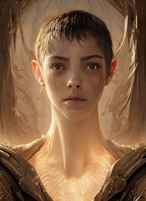 Image similar to a professional painting of a beautiful young female alien, clothed in ethereal armor, olive skin, long dark hair, beautiful bone structure, symmetrical facial features, intricate, elegant, digital painting, concept art, smooth, sharp focus, illustration, from Valerian and the City of a Thousand Planets, by Ruan Jia and Mandy Jurgens and Artgerm and William-Adolphe Bouguerea