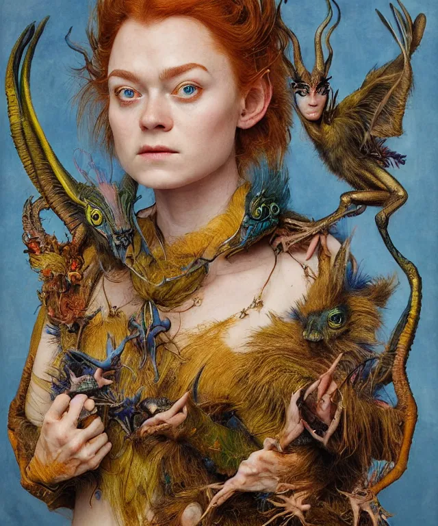 Image similar to a portrait photograph of a meditating fierce sadie sink as a colorful harpy antilope super villian with slimy amphibian scaled blue skin. her body is partially transformed into a beast. by donato giancola, hans holbein, walton ford, gaston bussiere, peter mohrbacher and brian froud. 8 k, cgsociety, fashion editorial