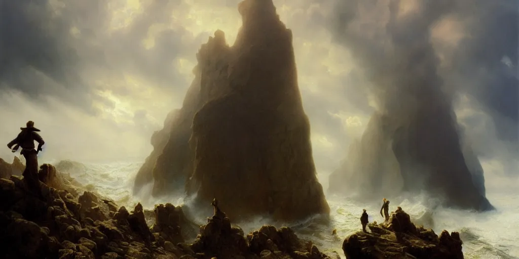 Image similar to a big cliff at the middle of the day in 1 9 4 0, stormy sea, a only men stand up at the edge of the precipice, steam punk, mystical yellow fog, oil on canvas, art by andreas achenbach, clemens ascher, tom bagshaw and sabbas apterus,