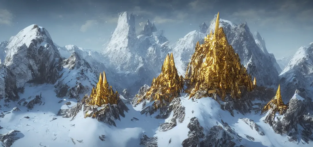 Prompt: Snow-capped mountains with golden temples on the peaks. wolves and their treasures, cgsociety, fantasy illustration, magic and power of the wolf. ArtStation, unreal engine 5