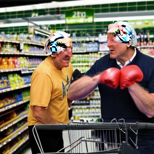 Image similar to Joe Biden punching a fat man at the supermarket, 8K, high quality, highly detailed