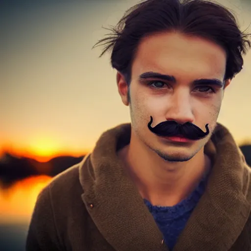 Image similar to closeup of a young gentlemen's face with a mustache, 4K, beautiful, sunset