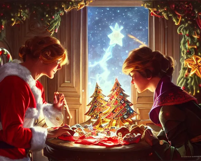 Image similar to opening presents at christmas 1 9 8 0's, deep focus, d & d, fantasy, intricate, elegant, highly detailed, digital painting, artstation, concept art, matte, sharp focus, illustration, hearthstone, art by artgerm and greg rutkowski and alphonse mucha