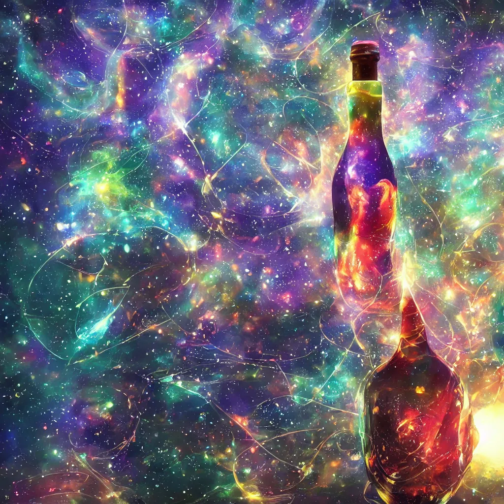 Image similar to the universe contained within a bottle, in a style of artstation