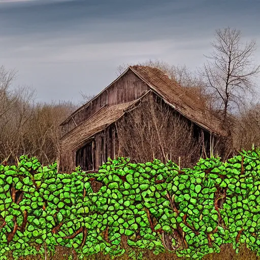 Image similar to kudzu vines wrapping around an old farmhouse, American west, surrealism