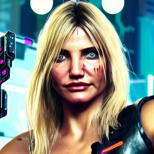 Image similar to cameron diaz portrait, Cyberpunk 2077, cyberpsycho, photorealistic, ultra detailed, neon, octane, bokeh, cyber, cyberpunk city, feature, scars, cyberface, 8k