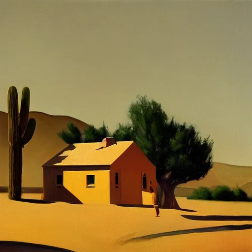 Image similar to motel in a desert rural landscape, a woman, painted by François Roca and Edward Hopper, airbrush, highly detailed