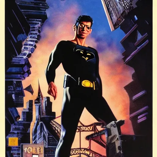 Image similar to young jeff goldblum as bruce wayne, muscular, batman t shirt, movie poster, joe jusko, boris vallejo