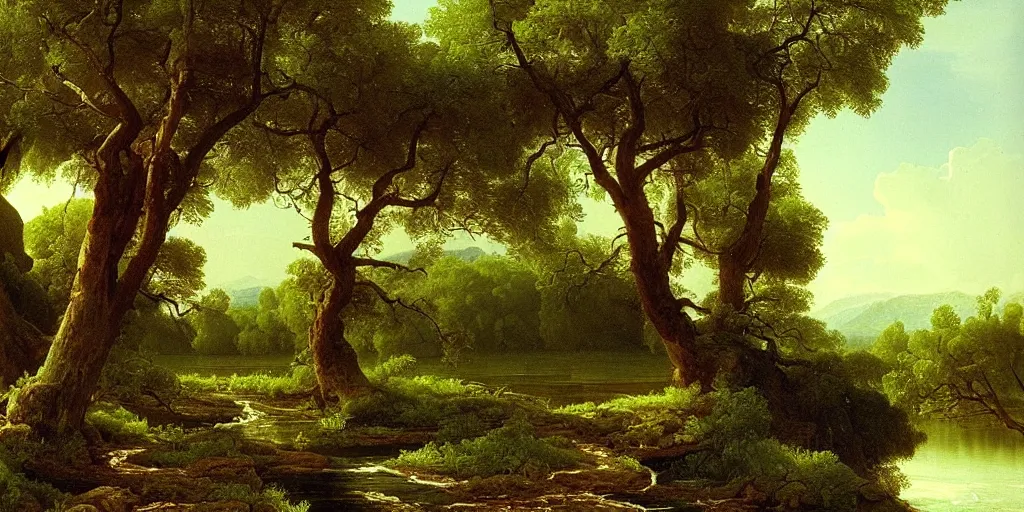Image similar to painting of a old tree next to a meandering river by alexei savrasov and thomas cole, artstation