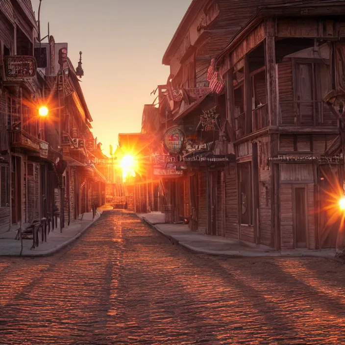 Image similar to a sunset light historical wild west empty street, duel between two cowboys, lots of sparkling details and sun ray's, blinding backlight, smoke, volumetric lighting, colorful, octane, 3 5 mm, saloon exterior, empty old town street, beautiful epic colored reflections, very colorful heavenly, softlight