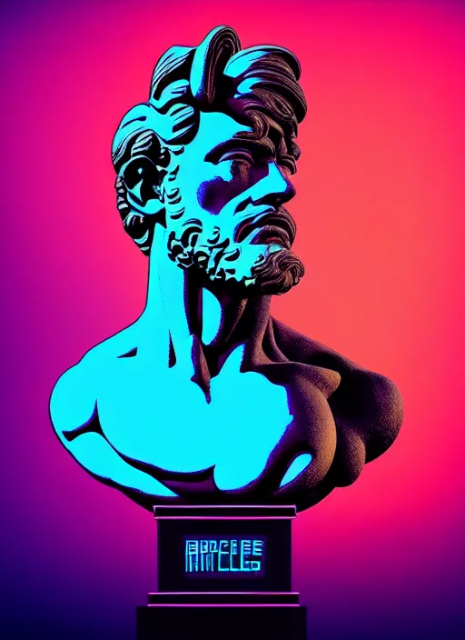 Image similar to statue of hercules, beeple, android jones, ( ( ( ( ( dan mumford ) ) ) ) ), vaporwave, retrowave, black background, neon wiring, black, glitch, strong contrast, cuts, pinterest, trending on artstation