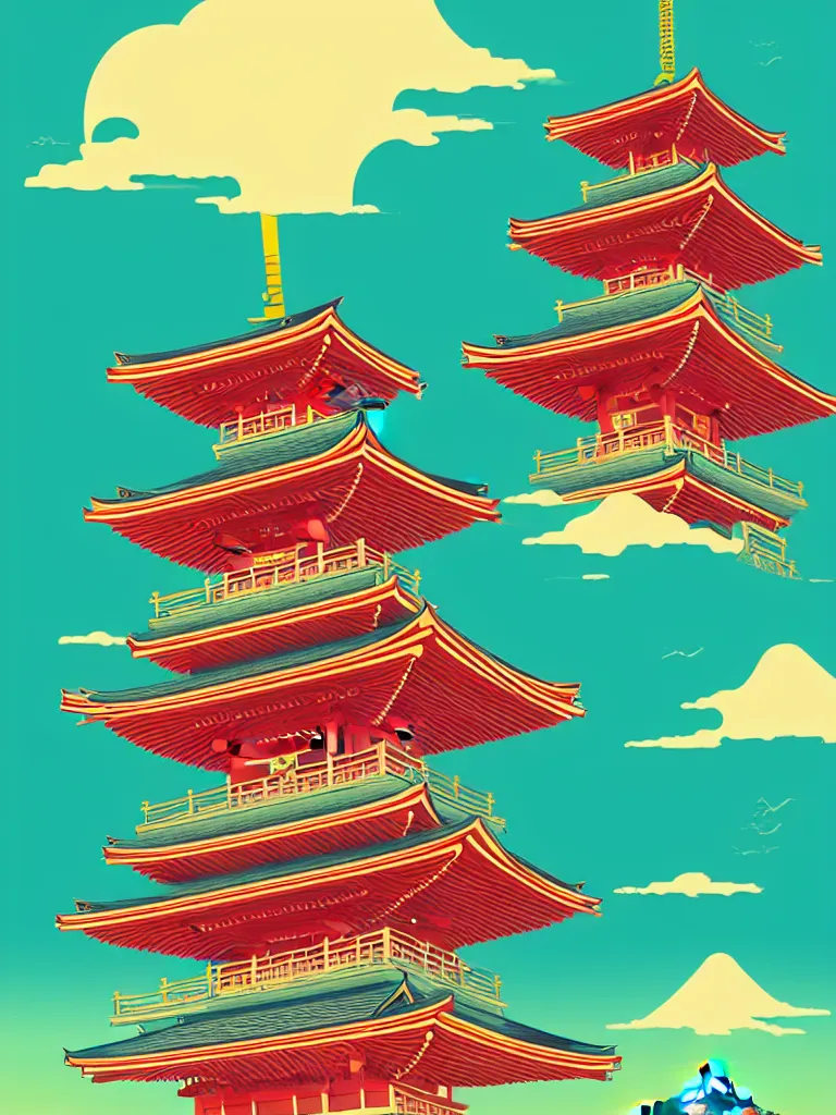 Prompt: a travel poster illustration depicting a japanese pagoda, vintage style, detailed illustration, digital painting, vector art, trending on artstration, by anton fadeev, by alena aenami