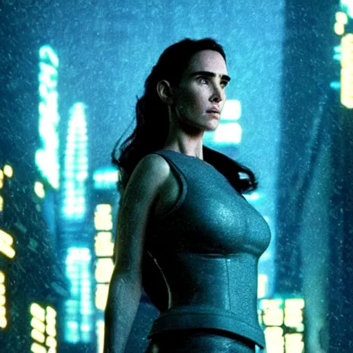 Image similar to jennifer connelly starring in a cyberpunk movie in a distopic futuristic city in the style of bladerunner, movie still, highly detailed, rainy night, volumetric lights, dramatic, scifi, sharp focus