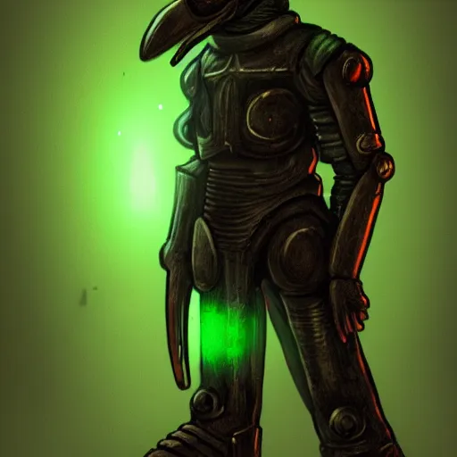 Image similar to sci - fi plague doctor power armor, inhumanly tall, inhumanly thin, black plate clawed hands, beaked helmet, green glow eyes, green glowing trim, plague, disease, illustration, award winning, digital art, trending on artstation, incredible, highly detailed, fantasy, sci - fi