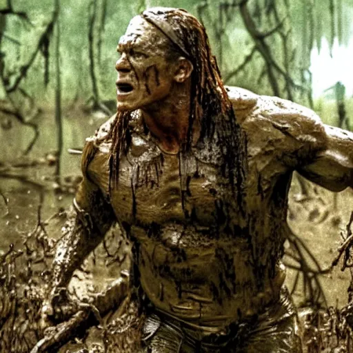 Image similar to film still of john cena as major dutch, covered in mud, hiding from the predator in swamp scene in 1 9 8 7 movie predator, hd, 8 k