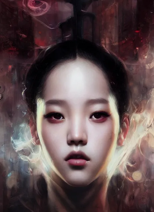 Image similar to jisoo of blackpink, snake, hyperrealistic portrait, perfect body, bladerunner street, by karol bak and agnes cecile, album cover, fantasy art, photo realistic, dynamic lighting, artstation, poster, volumetric lighting, very detailed face, 8 k, award winning