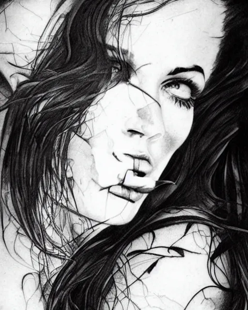 Image similar to tattoo design sketch of megan fox with amazing mountain scenery, with double exposure effect, realism tattoo, in the style of den yakovlev, amazing detail, sharp