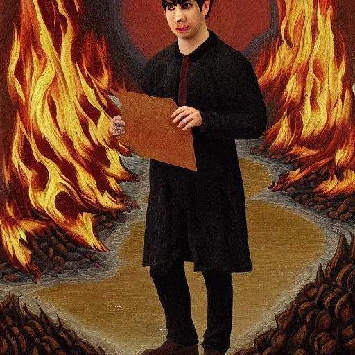 Image similar to nathan fielder walking around hell!!! holding a notepad, dante's inferno!!! medieval painting, oil painting