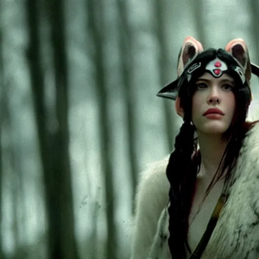 Prompt: liv tyler as live action princess mononoke, still frame, sharp focus, cinematic, filmic