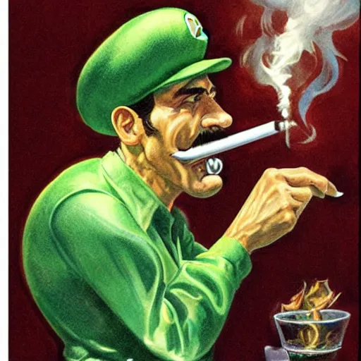 Image similar to Luigi smoking joint, artwork by Earl Norem,