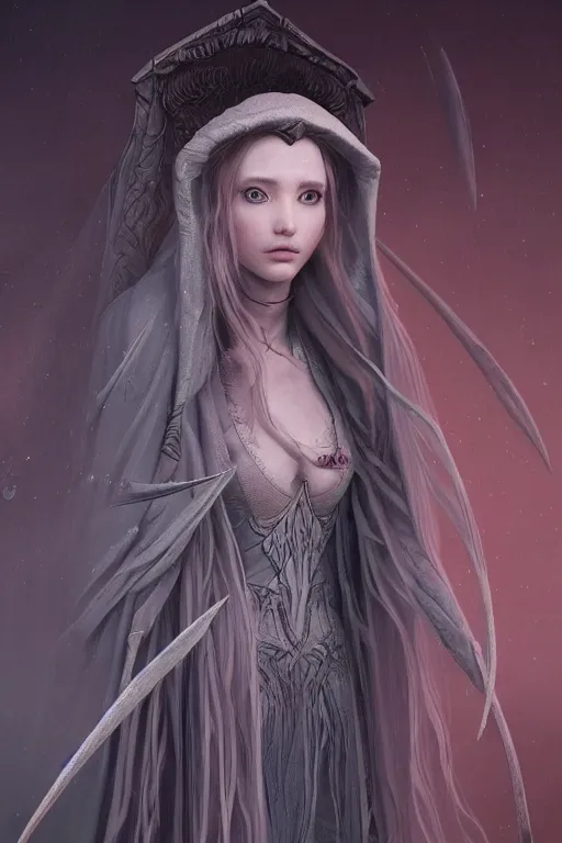 Image similar to a female elf in a cloak with long hairs, art by James Jean and Wayne Barlowe, high detail, cinematic, cgsociety 8k