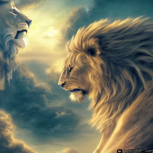 Image similar to the ancient world, hyper complexity, highly detailed, cinematic lighting, pastel colored sunrise, flying robotic lions with gold metal huge wings on the back in the sky, sharp outlines, complete whole lion body, another sleeping lion face in the clouds watching each other, hyperrealistic, trending on pixiv fanbox, love death robot,