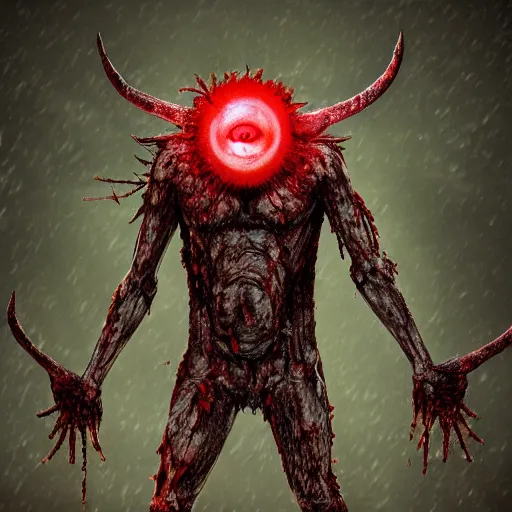 Prompt: A realistic detailed photo of a creepy demon, blood, exploded belly, red eyes, destroyed body, dead skin, dead trees, detailed body, teeth filled with cavities, foggy landscape, creepy, light particles, detailed light, realistic shaders, trending on artisation, detailed textures, detailed, realistic.