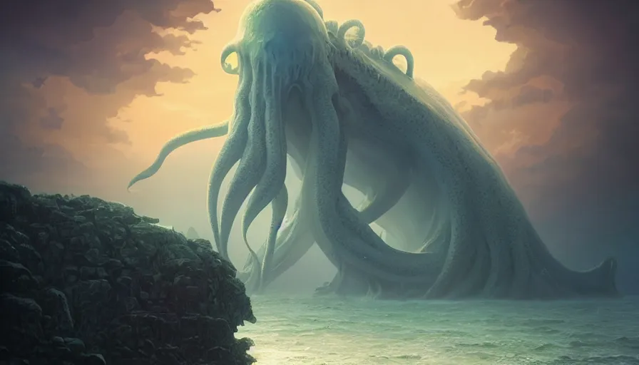 Prompt: A highly detailed matte painting of the huge Cthulhu in the ocean, by Studio Ghibli, Makoto Shinkai, by Artgerm, by beeple, by Greg Rutkowski, volumetric lighting, octane render, 4K resolution, trending on artstation, masterpiece