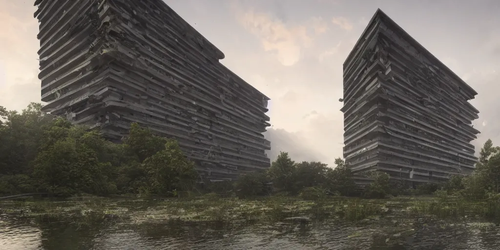 Image similar to an extremely detailed building, brutalist architecture, gargantuan in size, surrounded by lush green forest and murky ponds of water, stunning volumetric lighting, sunset, rusted steel, smooth concrete, stunning skies, trending on Artstation, 8k, photorealistic, hyper detailed, unreal engine 5, IMAX quality, cinematic, epic lighting, in the style of the game DOOM, by Greg Rutkowski