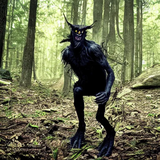 Image similar to werecreature consisting of human and crow, photograph captured in a forest