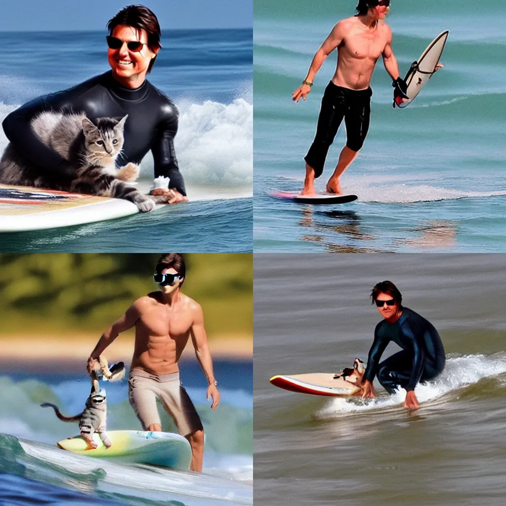 Image similar to Tom Cruise surfing with his pet kitten, photorealistic