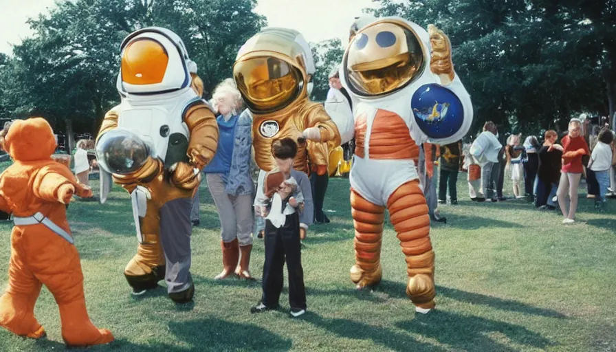 Image similar to 1990s candid photo of a beautiful day at the park, cinematic lighting, cinematic look, golden hour, large costumed mascot business people giving spaceship presentations to families, Enormous personified business people with outstandingly happy faces coming out of a portal and talking to families about space and planets, UHD