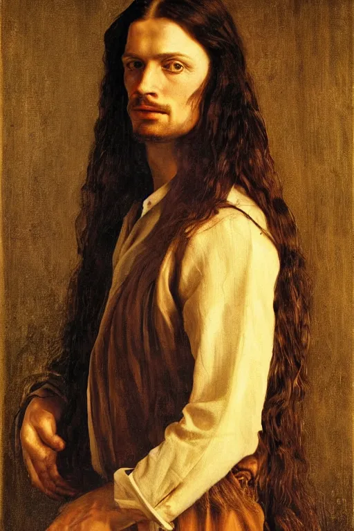 Image similar to a painting of a man with long hair, a portrait by Robert Lenkiewicz, cg society, pre-raphaelitism, da vinci, studio portrait, oil on canvas