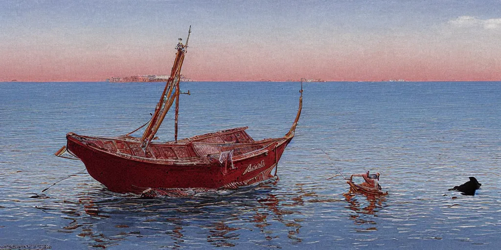 Image similar to rising sun ( ( ( fishing cormorant, fishing boat ) ) ) on the naples bay, by moebius