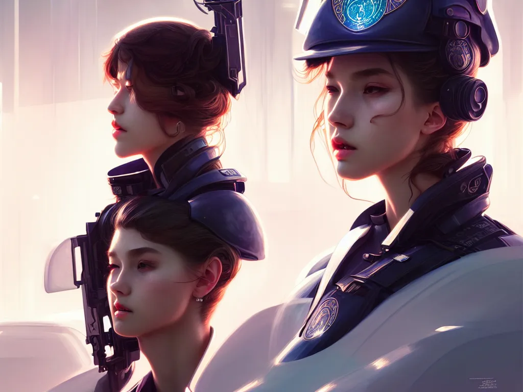 Image similar to portrait futuristic police uniform girl, at future neon light usa rooftop, ssci - fi and fantasy, intricate and very very beautiful and elegant, highly detailed, digital painting, artstation, concept art, smooth and sharp focus, illustration, art by tan zi and ayanamikodon and alphonse mucha and wlop