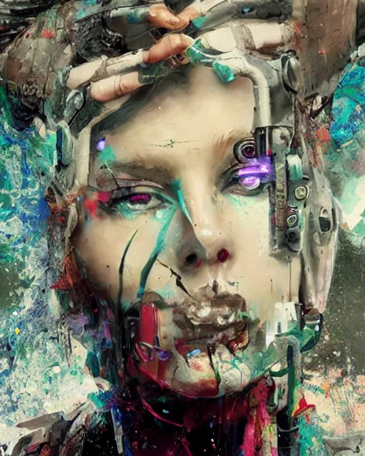 Prompt: a cyberpunk with beautiful eyes wearing futuristic clothing, defiant, passionate, spotlight, paint drips, paint splatter, vibrant colors, dramatic, canvas texture, futuristic clothing, glitch art by carl dobsky and jeremy mann