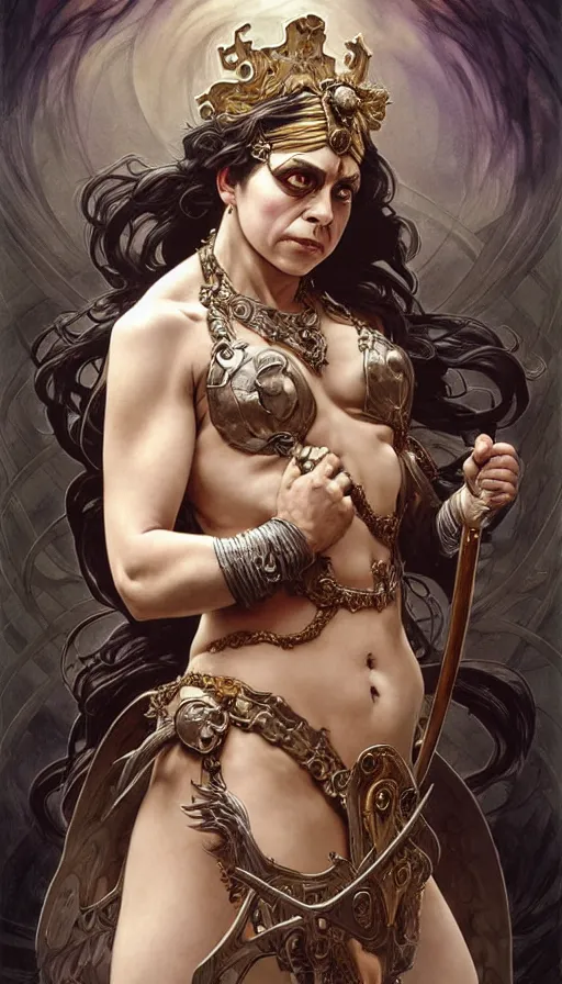 Prompt: danny devito as the roman goddess of chaos!! intricate elegant, highly detailed, digital painting, artstation, concept art, smooth, sharp focus, illustration, art by ( ( ( artgerm ) ) ) and greg rutkowski! and ( ( alphonse mucha ) ), heavily influenced by frank frazetta and boris vallejo, sword and sorcery