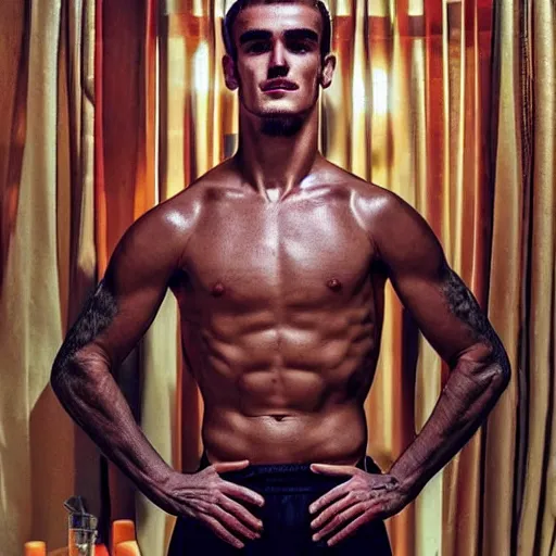 Image similar to a realistic detailed photo of a guy who is an attractive humanoid who is half robot and half humanoid, who is a male android, soccer player antoine griezmann, shiny skin, posing like a statue, blank stare, in a living room, on display, showing off his muscles