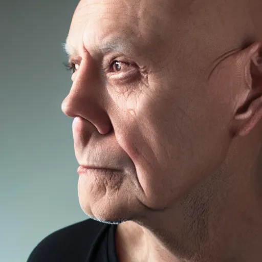 Prompt: detailed side - view portrait of an evil 6 0 year old man, grey skin, blemished skin, red eye shadow, bald and shaven, masterful, backlit