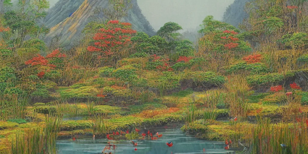 Image similar to pond landscape, by feifei ruan, intricate, sharp focus, detailed, serenity, lively colors