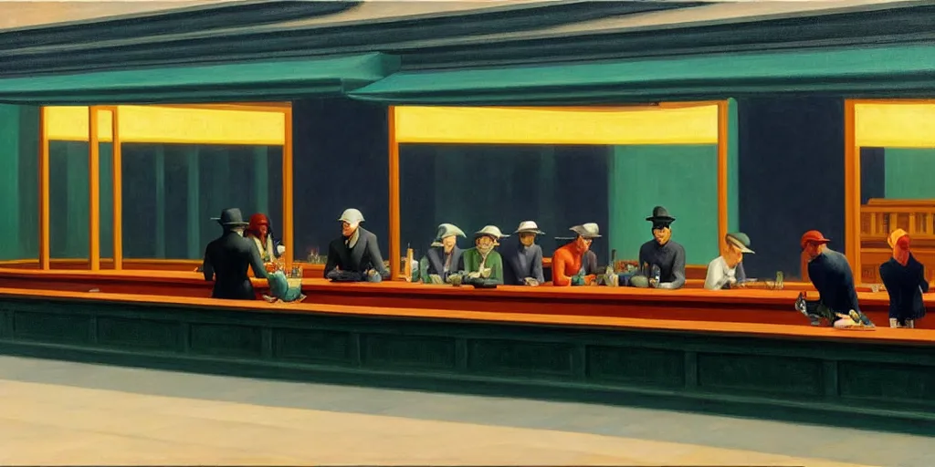 Prompt: painting of Nighthawks by Edward Hopper with characters from Outlander