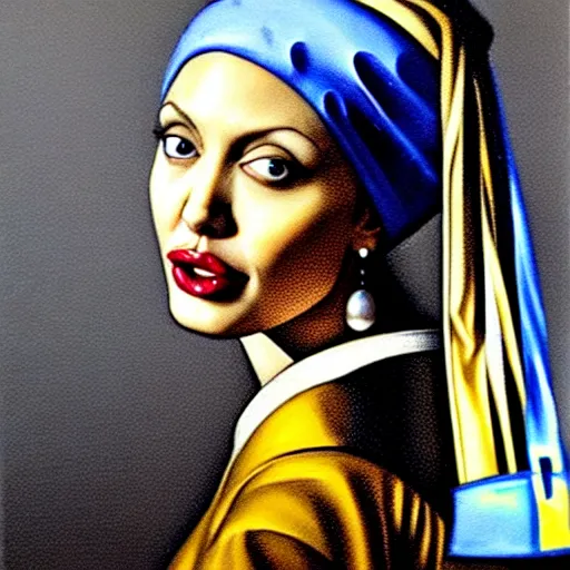 Image similar to a beautiful oil painting of angelina jolie as the girl with a pearl earring