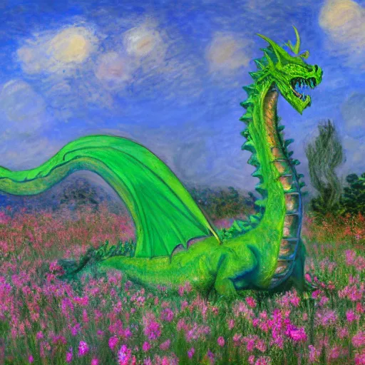 Image similar to A large green dragon sitting in a flowery meadow by Claude Monet, deviantart, furaffinity