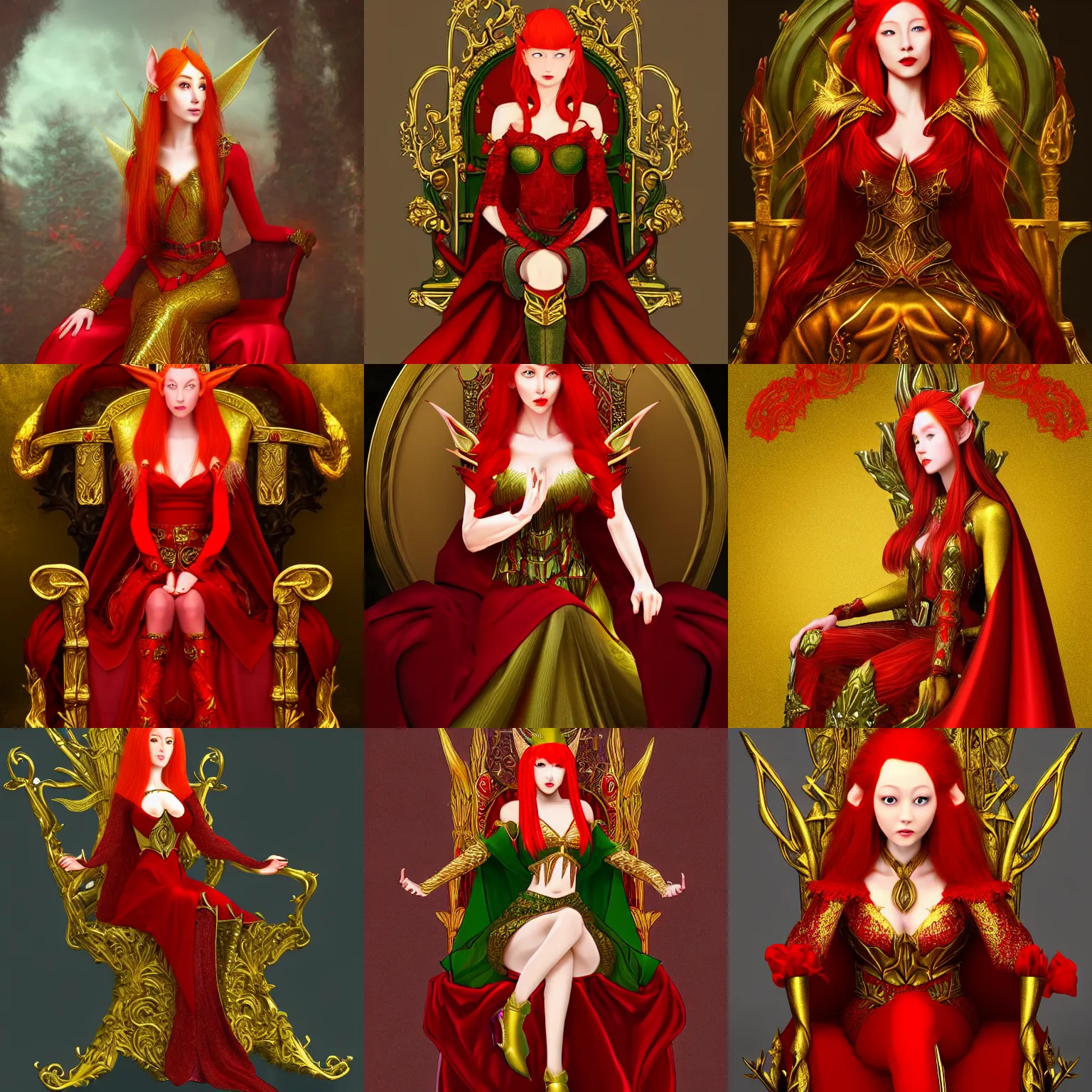 Prompt: Portrait of a red-haired beautiful elven queen in red, gold and green dress sitting on a throne. In style of Hyung-tae Kim, trending on ArtStation, high quality digital art.