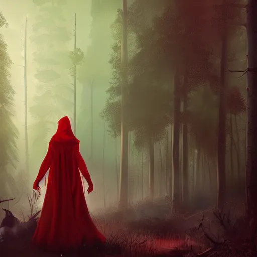 Image similar to cinematic, fierce red riding hood with a scar on her face standing in a dark forest, dark, 4k, artstation, highly rendered, beautiful, high resolution